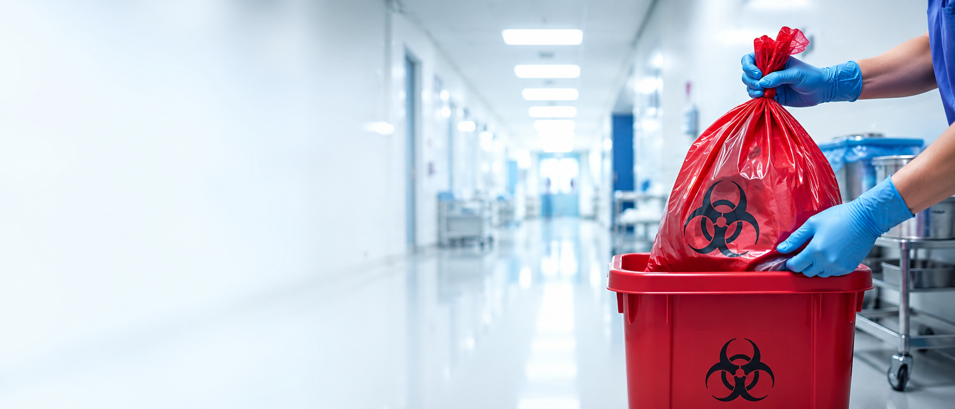 Gloved hands placing a red biohazard bag into a biohazard bin in a clean clinical corridor